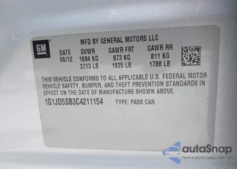 2012 Chevrolet Sonic 1Lt z USA, uszkodzony, nr VIN 1G1JD5SB3C4211154